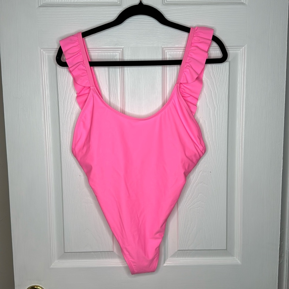 SHEIN Vibrant Pink Ruffled Straps Low Back One Piece Swimsuit. High Cut. Sz M